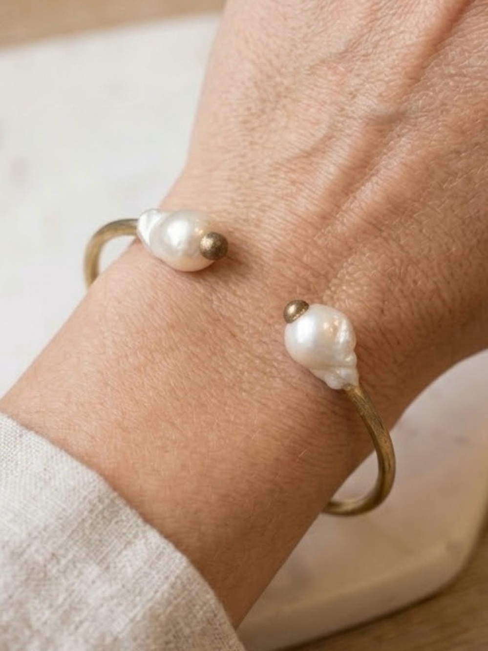 Baroque Pearl Brass Open-Cuff Bracelet